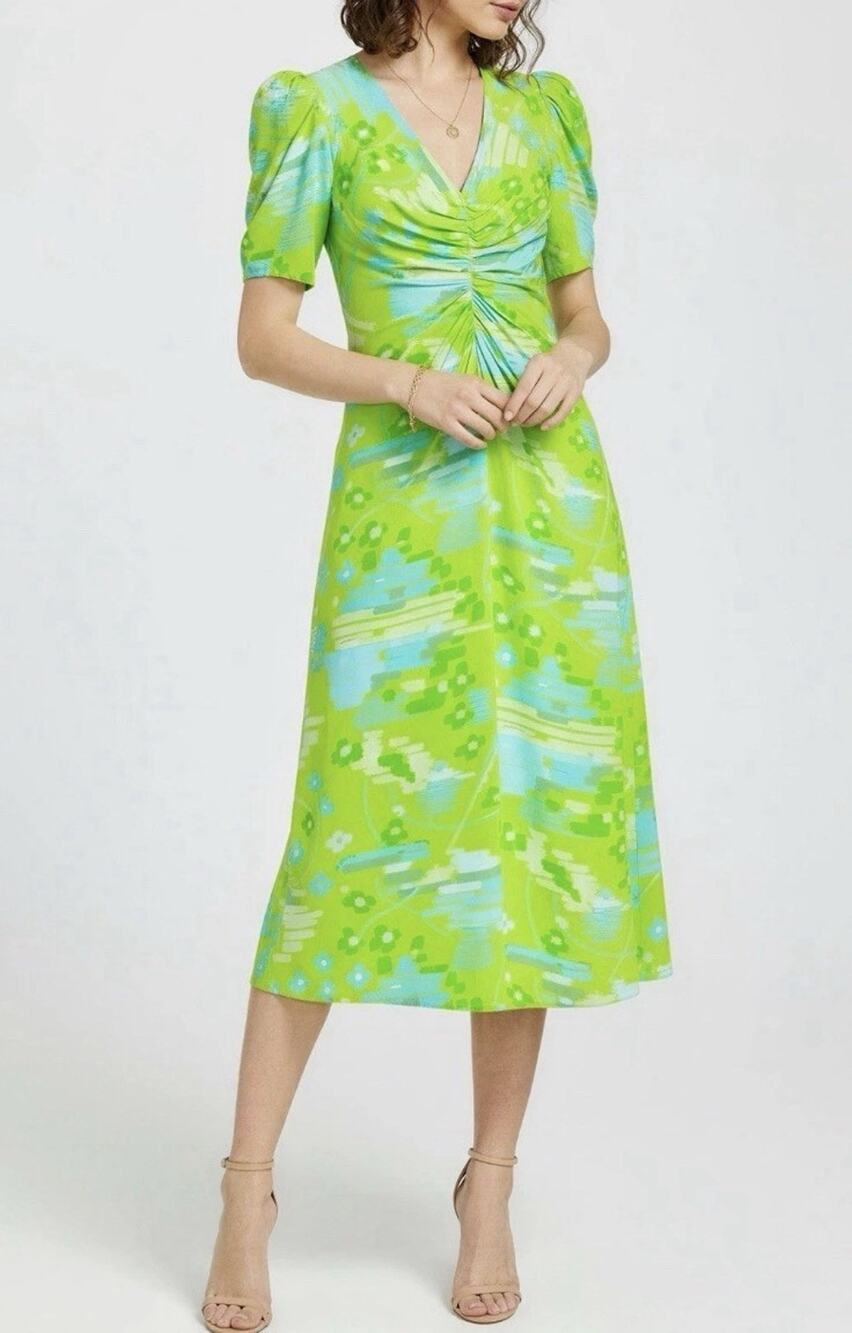 Rhode Maci Geometric Midi Dress Size 4 Women Preppy Viscose Short Puff Sleeve